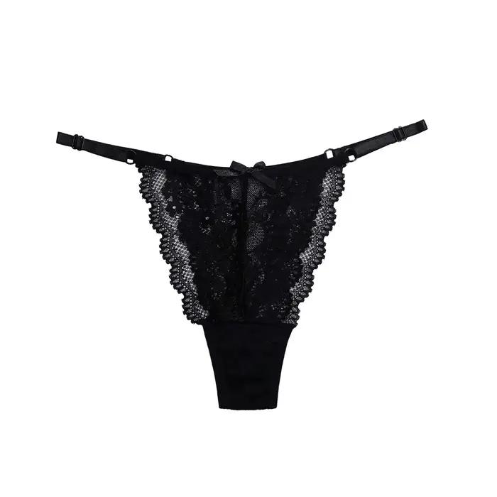 String sexy pour femme avec ceinture réglable, motif floral en dentelle, respirant, couleur unie, lingerie intime confortable