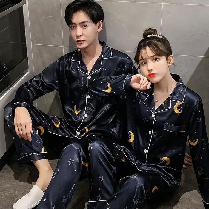 Pyjama de Luxe en Satin Trempé pour Homme et Femme, Ensemble de Vêtements de Nuit Décontractés pour Couple et Amoureux, Grande Taille