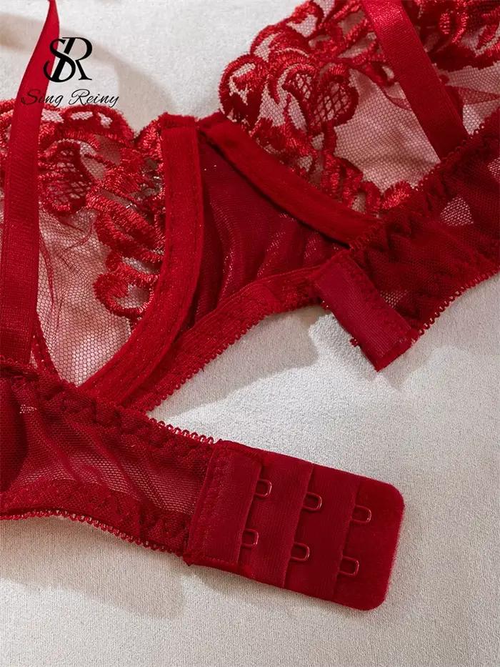 SINGREINY broderie Transparent Lingerie costume dames Floral Shapewear Porno Style américain chaîne conception pure sous-vêtements érotiques