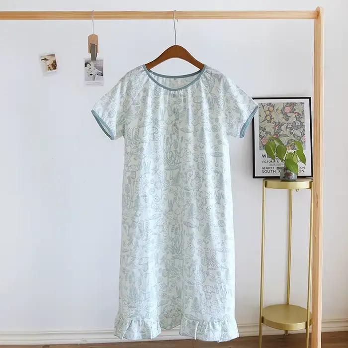 Chemise de nuit pour femme 1 pièce, robe de nuit décontractée en gaze de coton, manches courtes et coupe ample, légère et respirante, pour la maison en été