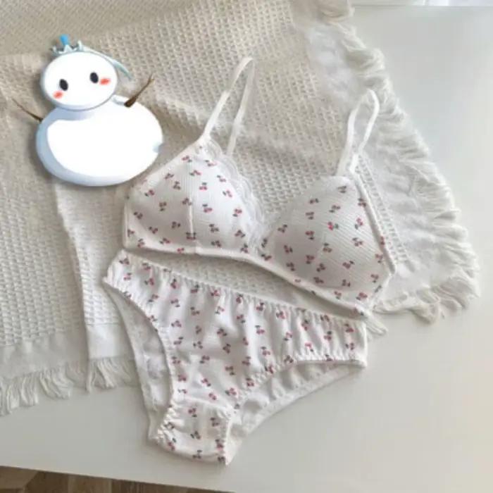 Ensemble soutien-gorge Cerise Fraise en élasthanne et polyester pour femmes, motifs floraux, trois quarts tasse, sans fil, Moyisu, occasions spéciales