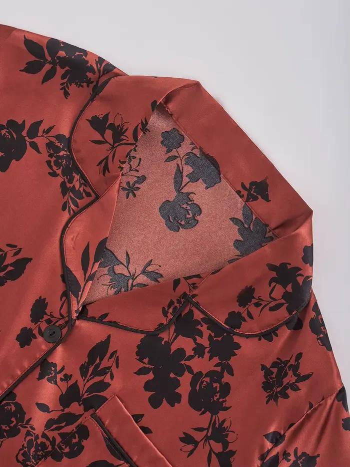 Ensemble pyjama en satin pour femmes, imprimé floral rouge et noir, haut à manches courtes et pantalon long, vêtements de nuit de luxe, vêtements de nuit en soie, vêtements de détente
