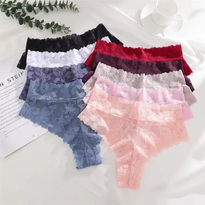 FINETOO Lot de 4 culottes sexy en dentelle florale pour femme, taille haute, ajourées, en tissu doux et respirant, lingerie de couleur unie