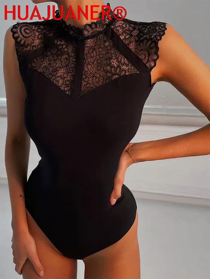 Femmes Sexy noir dentelle body barboteuses sans manches Slinky nouvelle mode moulante Wrap body