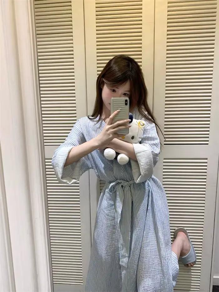 Chemise de nuit rayée bleue, robe de matin décontractée ample et simple à manches longues pour femme, printemps et été, vêtements d'intérieur, chemise de nuit