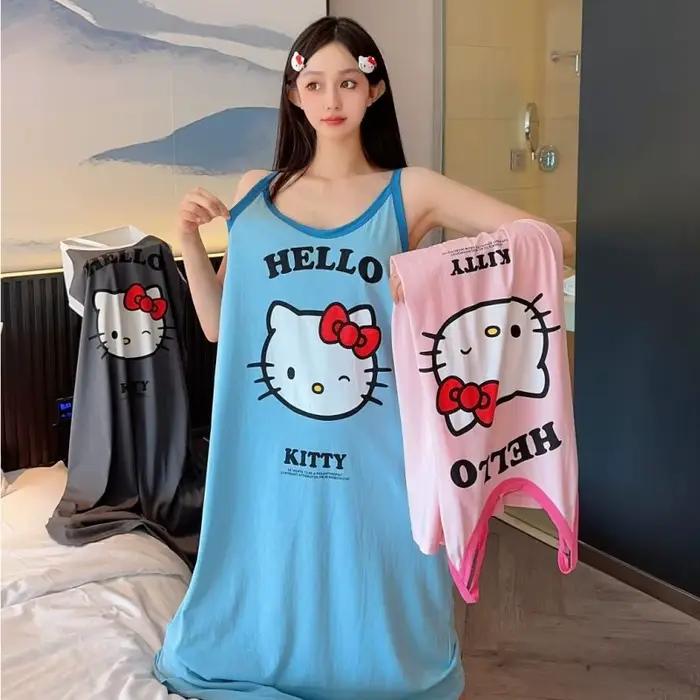 Chemise de nuit sans manches surdimensionnée Kawaii Sanrio Hello Kitty, grande taille pour femmes, robe de nuit d'été en coton doux, vêtements de détente à imprimé de dessin animé