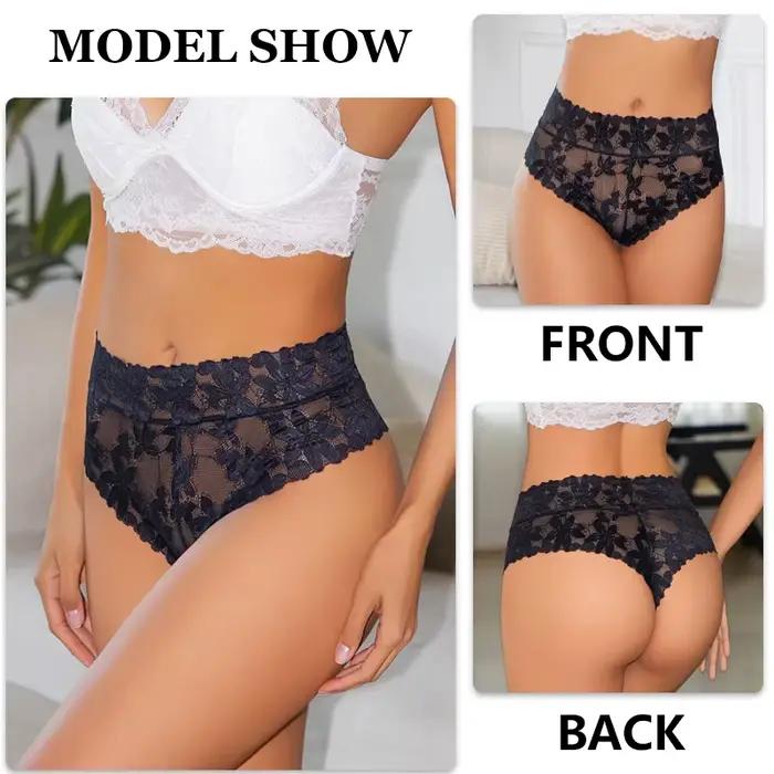 FINETOO Lot de 4 culottes sexy en dentelle florale pour femme, taille haute, ajourées, en tissu doux et respirant, lingerie de couleur unie