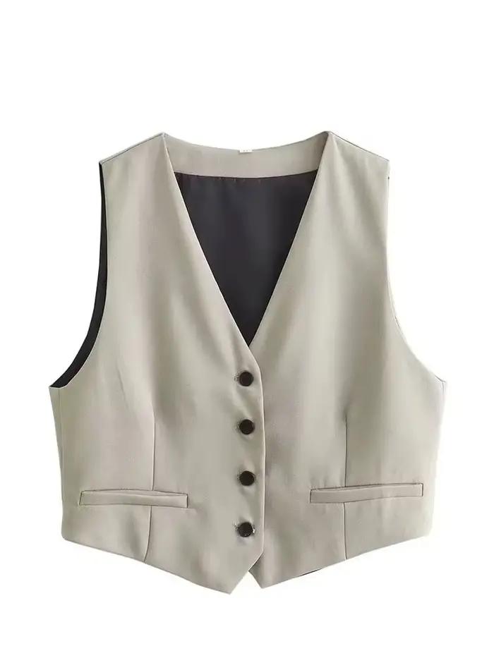 Ensemble veston sans manches et pantalon de bureau pour femmes, polyester, col en V, fermeture bouton unique, occassionnellement décontracté, printemps été