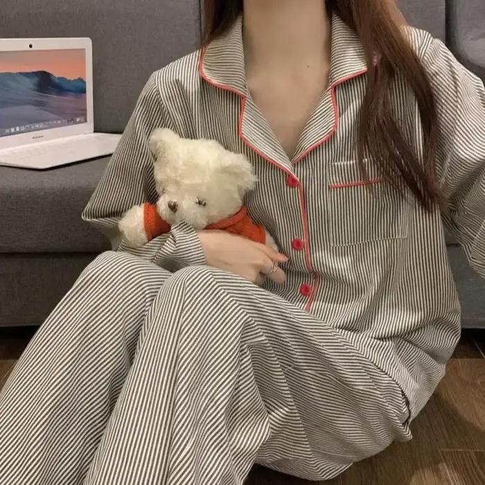 Pyjamas femmes à manches longues pantalon été gris Cardigan rayé vêtements de nuit vêtements de détente deux pièces ensemble dames vêtements de nuit Homewear