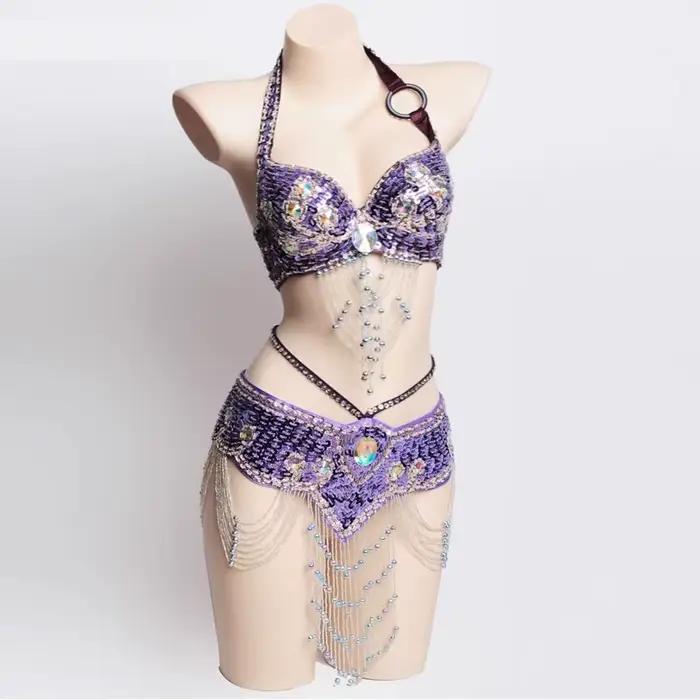 Costume de nuit Sexy pour filles, Costume de danse du ventre perlé fait à la main, soutien-gorge et ceinture, ensemble de 2 pièces pour femmes, vêtements de fête de danse de carnaval