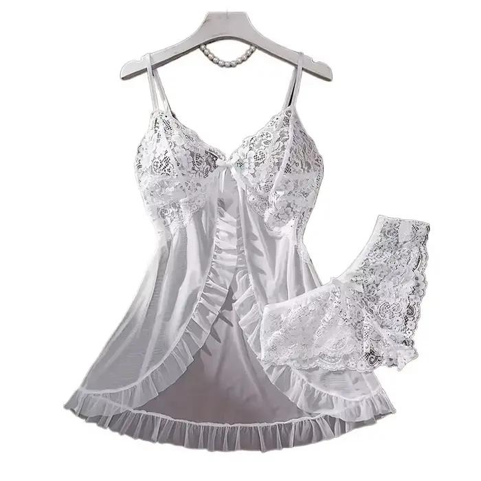 Tulle Ultra Sexy chemise de nuit col en v soutien-gorge ouvert sommeil jupe nuit robe érotique femme pure pyjamas Lingerie tongs Kit de luxe