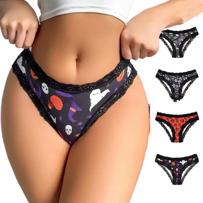 1 pièce de lingerie imprimée pour femmes, sous-vêtements sexy à bordure en dentelle, sous-vêtements enveloppants aux hanches, pantalon triangulaire confortable et respirant sur le thème d'Halloween