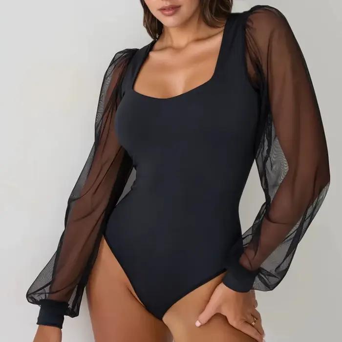 BornToGirl Sexy Body pre ženy čierna biela priliehavá s dlhými rukávmi jednodielna sieťovaná
