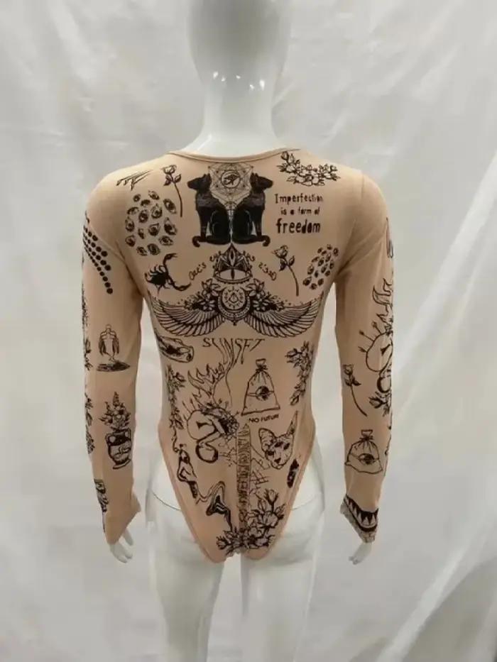 Dlhorukávové body s potlačou tetovania nude pre ženy, Y2K strih