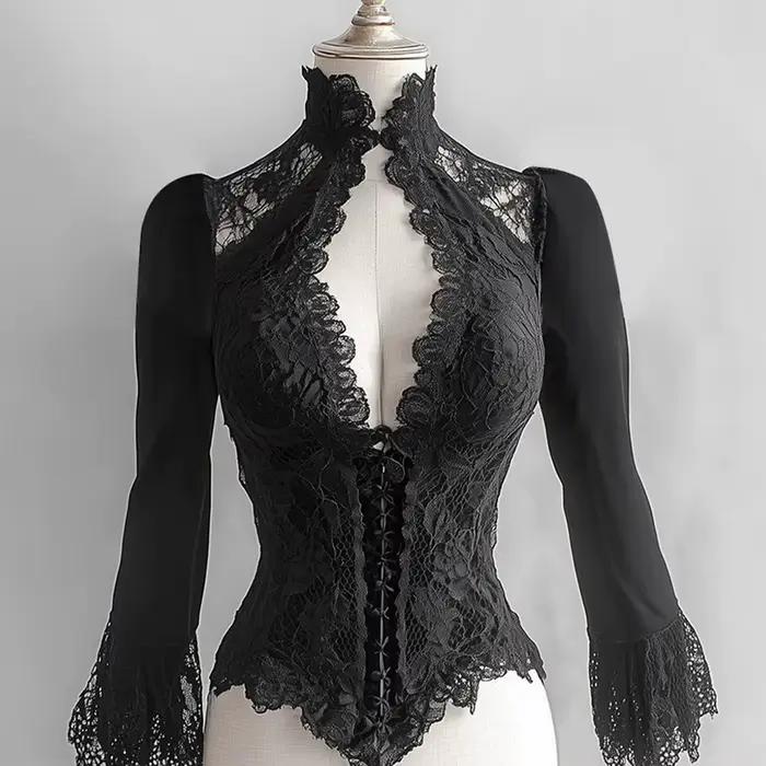 Corset en dentelle pour femmes, chemise haute Sexy, col en V profond, manches bouffantes, gothique, Vintage, Bustier de soirée, mode féminine Chic