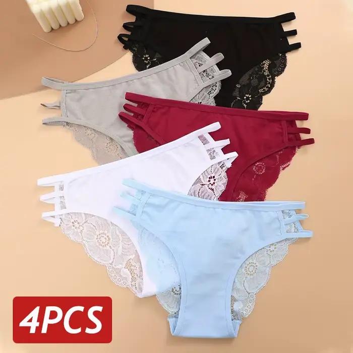Culotte en dentelle florale pour femmes, 4 pièces/ensemble, slip Transparent et Sexy en dentelle, ajouré, taille basse, sous-vêtements féminins, Lingerie respirante, S-L