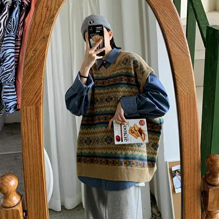 Dámsky retro argyle sveter s výstrihom do V