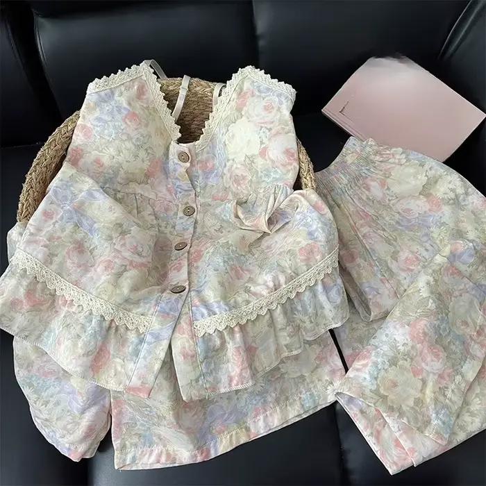 Pyjama floral pour femme, été, fin, avec coussinets de poitrine, en coton nuage, ensemble trois pièces (haut à bretelles et pantalon), tenue d'intérieur pouvant être portée à l'extérieur