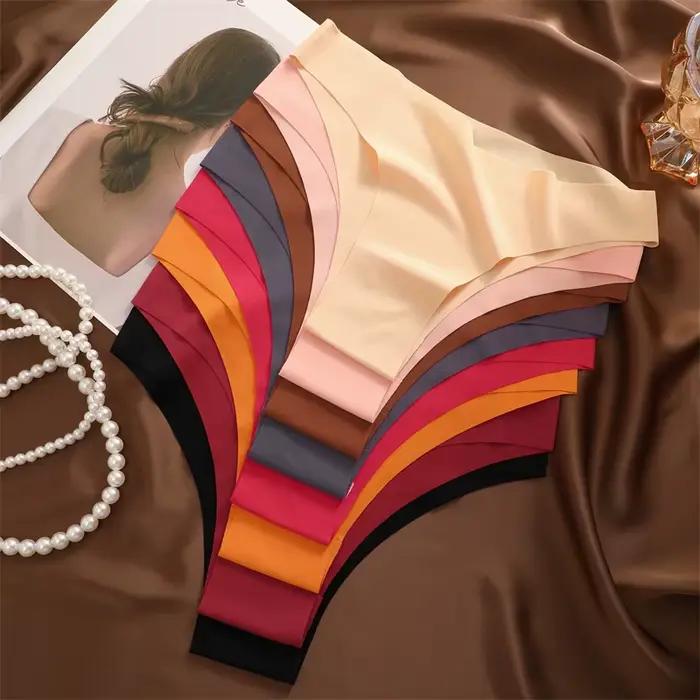 3 pièces Ultra-mince sans couture sous-vêtements en soie culottes pour femmes Sexy taille basse Stretch Bikini couleur unie slips Lingerie XS-XXL mode