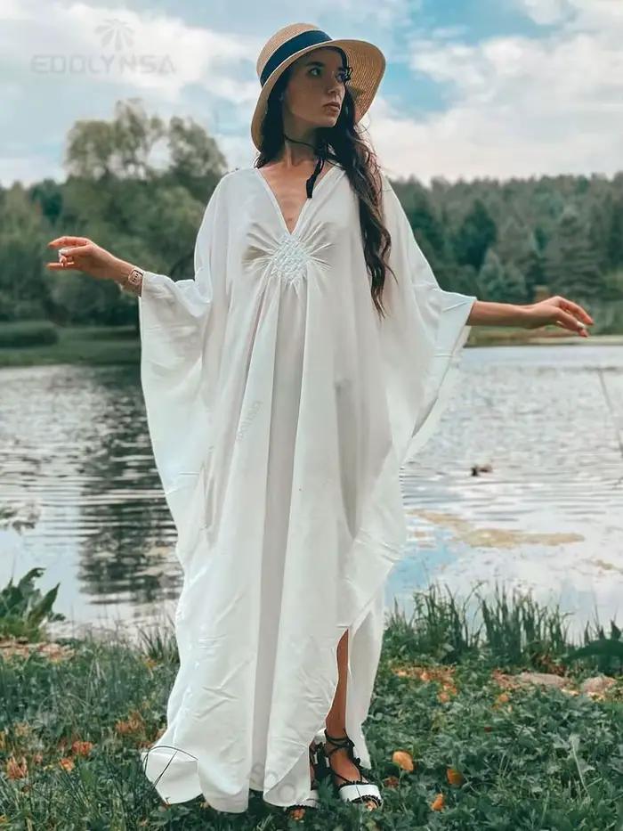 2025 pevný výstrih do V netopierie rukávy veľká veľkosť Maxi šaty voľné pre ženy leto pláž nosenie kaftan dlhé