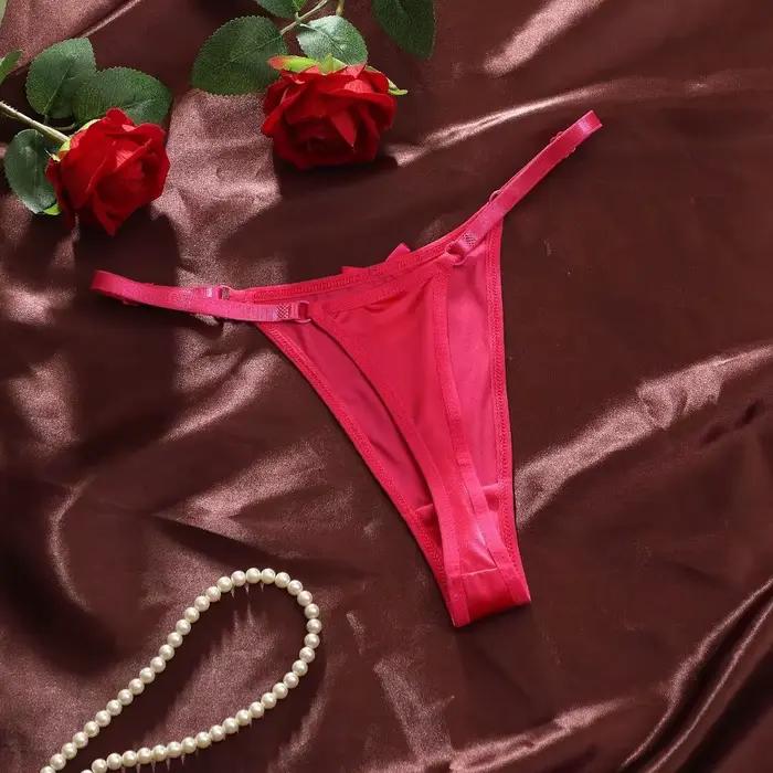 String T-back taille basse en satin transparent avec nœud, lingerie brodée, culotte transparente romantique pour femme, pour la maison