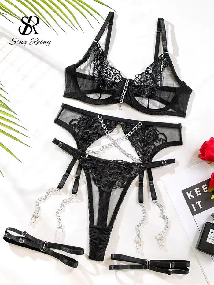 SINGREINY broderie Transparent Lingerie costume dames Floral Shapewear Porno Style américain chaîne conception pure sous-vêtements érotiques