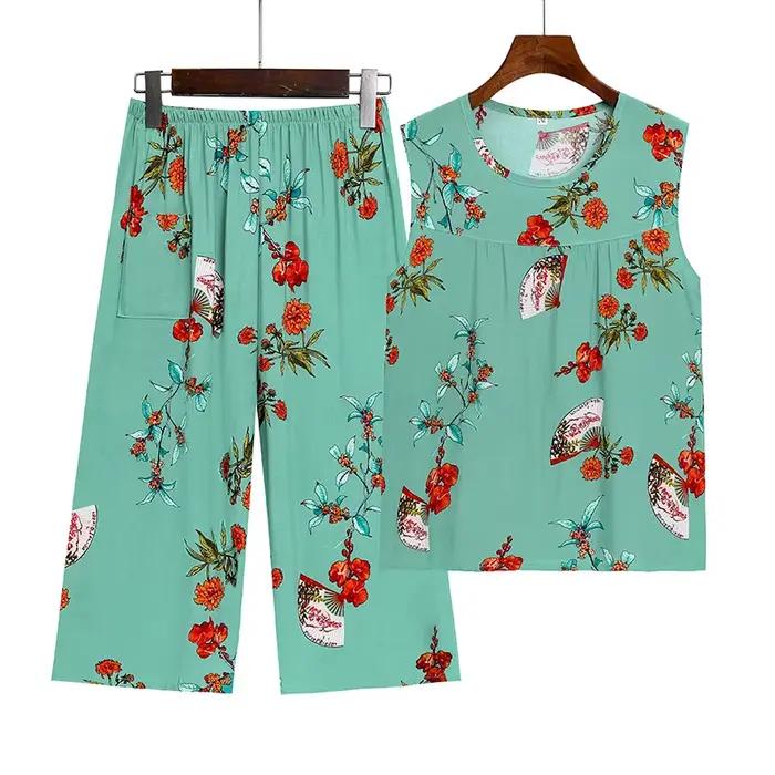 XL-4XL Pyjama Pour Femme Nouveau Imprimé D'âge Moyen Mère Deux Pièces Ensemble FiglaCapri Pantalon Trempé Vêtements De Nuit Femmes Pyjamas