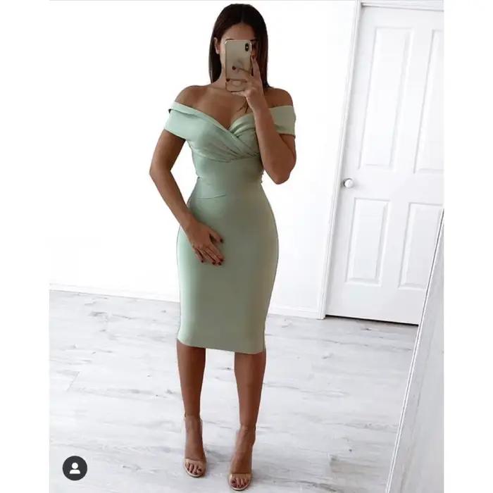 Moonccloset nové leto 5 farieb Sexy módne ženy holé ramená šaty zelené nočný klub večerné