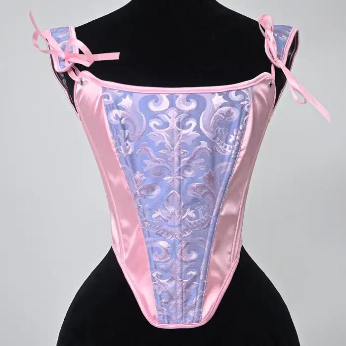 Nouveau Corset Jacquard Rose et Bleu 2026, Bretelles en Satin Rose à Nœuds, Sculpteur de Taille à Baleines, Style Vintage Adorable pour Voyages et Séances Photo