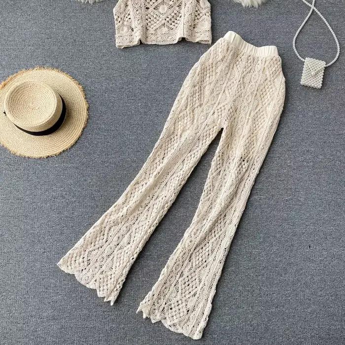 Pyjama d'été sexy en fibre ajourée pour femmes, bretelles courtes, pantalon évasé, olympiques deux pièces Boho Beach
