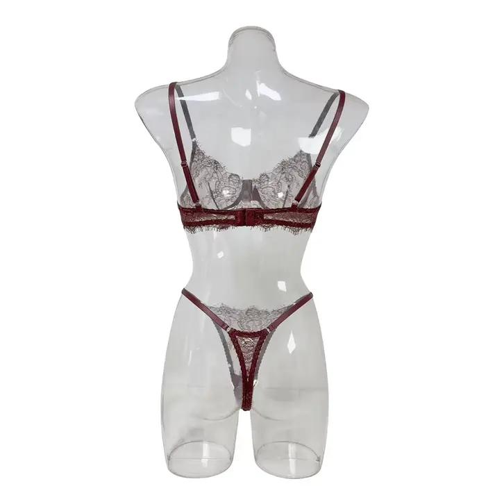 Ensemble de lingerie femme marron en dentelle à cils, soutien-gorge transparent à armatures douces avec bretelles réglables et string ajouré, 2 pièces, lingerie romantique