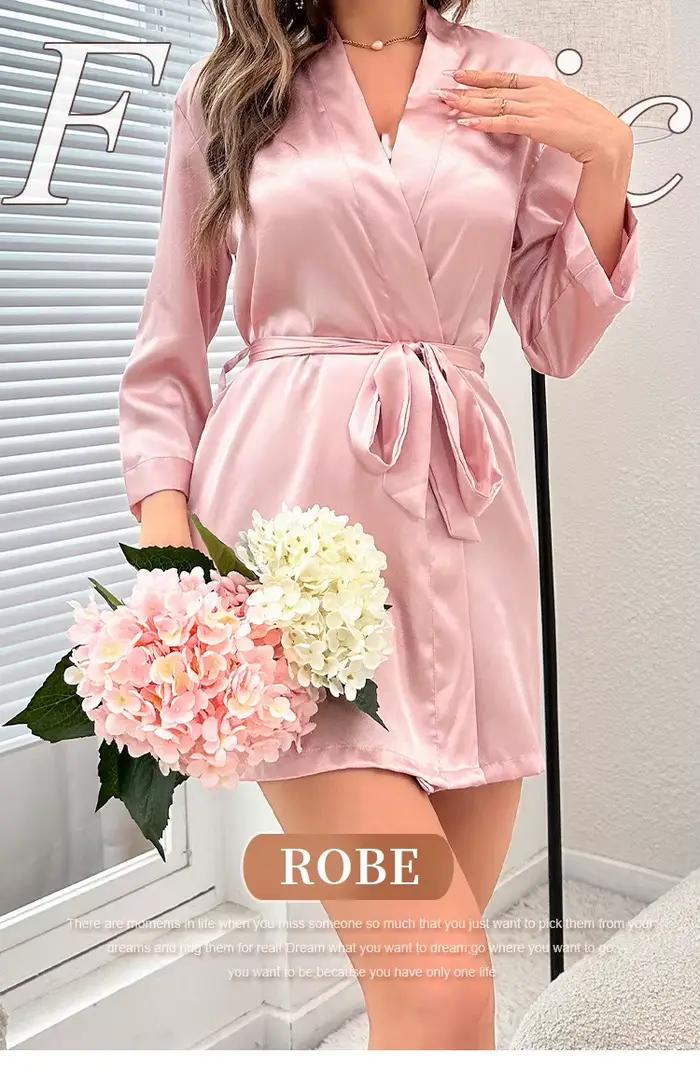 Robe de nuit en Satin solide, Robe de maison élégante à manches mi-longues et col en V avec ceinture, vêtements de nuit pour femmes