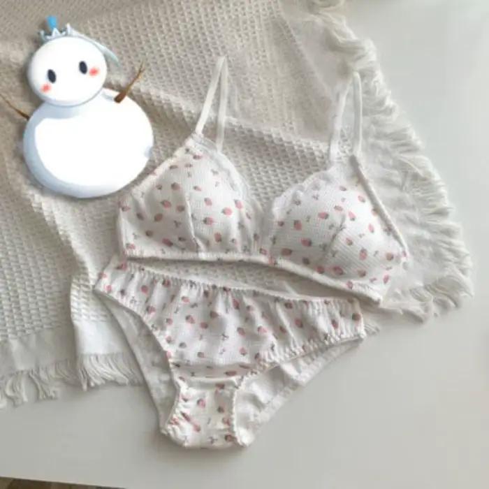 Ensemble soutien-gorge Cerise Fraise en élasthanne et polyester pour femmes, motifs floraux, trois quarts tasse, sans fil, Moyisu, occasions spéciales