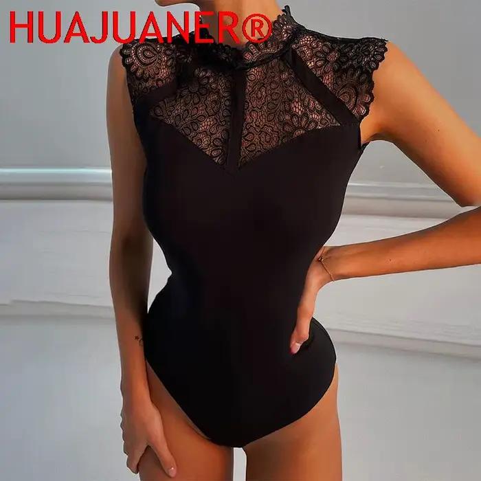 Femmes Sexy noir dentelle body barboteuses sans manches Slinky nouvelle mode moulante Wrap body