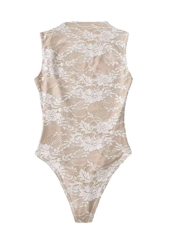 2025 femmes été élégant Beige noir sans manches dentelle body dame de luxe de haute qualité rue moulante barboteuses combinaisons hauts