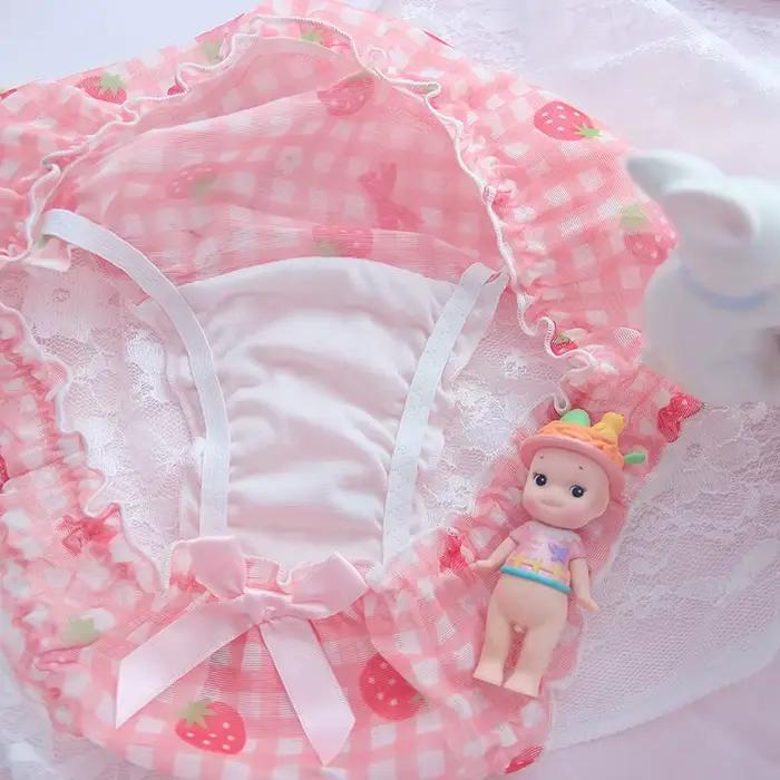 Roztomilá jahodová školáčka nohavičky Sexy sieťované priedušné japonské Kawaii Lolita spodné prádlo pre ženy tangá