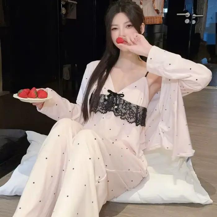 Pyjama 3 pièces en velours Island pour femmes, slip Sexy en dentelle, vêtements de maison, ensemble décontracté, printemps et automne