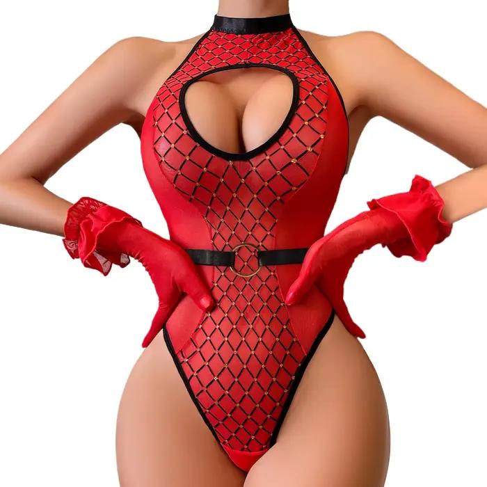 Sexy dámska bielizeň, 7.0 Lingge Patchwork Hollow Out Slim Fit Jumpsuit