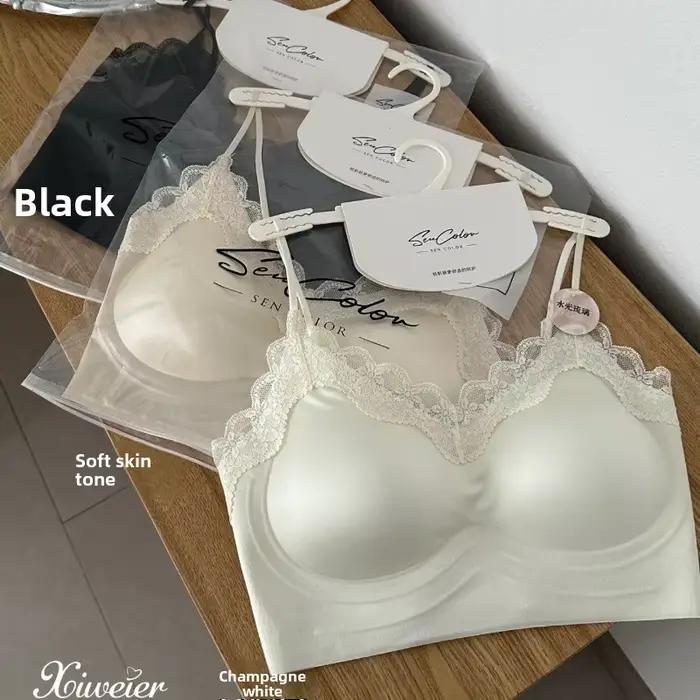 Soutien-gorge sans dos en satin pour femme, bustier en dentelle française avec bandes de maintien en gel, effet push-up, lingerie confortable et brillante