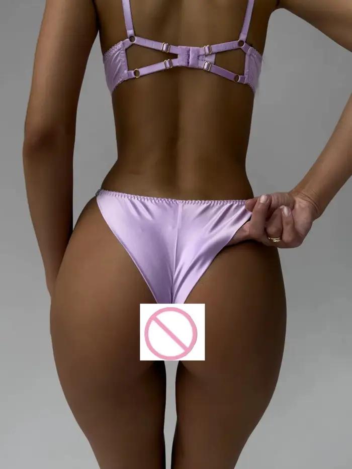 Ensemble de lingerie 3 pièces en dentelle brodée florale lilas, soutien-gorge transparent, porte-jarretelles, string à volants, sous-vêtements sexy pour femmes