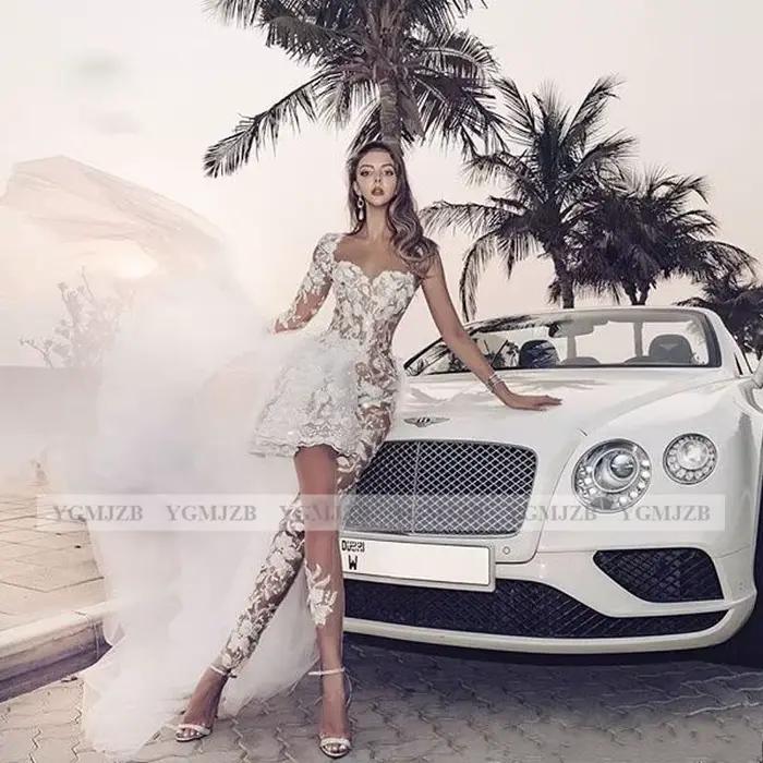 Robe de mariée courte et Sexy, style Boho, combinaison en dentelle, manches longues, avec traîne détachable