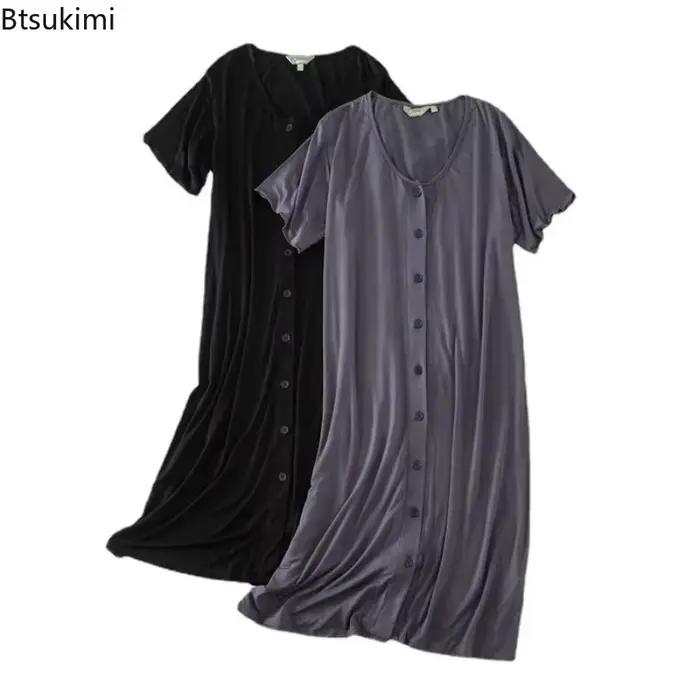 Nouveau Modal à manches courtes mi-long hauts de nuit robe de nuit avec bouton pour les femmes vêtements de nuit coton Cardigan grande taille robe de nuit