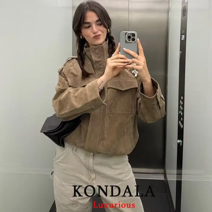 KONDALA Štýlová dámska bomber bunda zo semišu s dlhými rukávmi