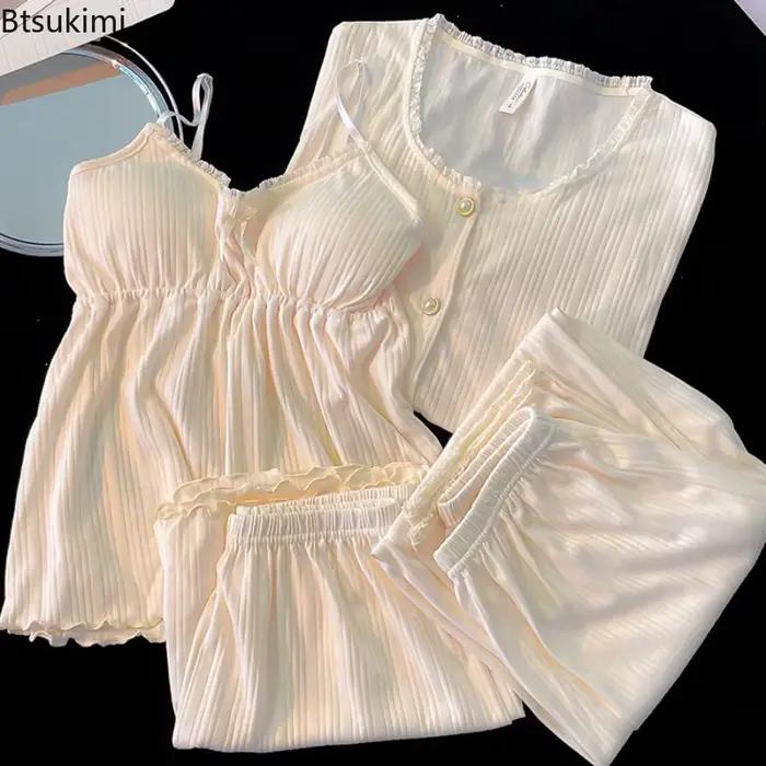 Pyjama haut de gamme en coton pour femmes, ensemble quatre pièces, manches longues, coussin de poitrine, pantalon à bretelles, vêtements de nuit, nouvelle collection printemps-automne