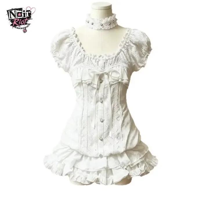 Dvojdielny set Sweet Lolita pre ženy: vypasovaná blúzka s nafúknutými rukávmi a čipkovanými volánmi + roztomilá a ležérna japonská mini-sukňa Kawaii