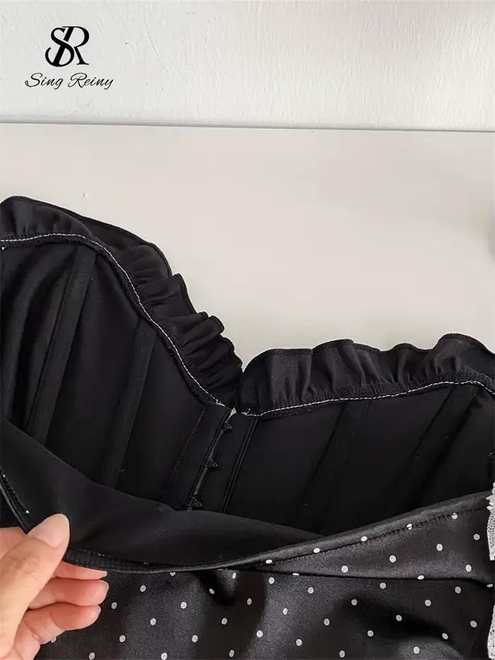 SINGREINY Retro bodkovaná čipkovaná bezramienková sexy korzetová blúzka vysoká kvalita