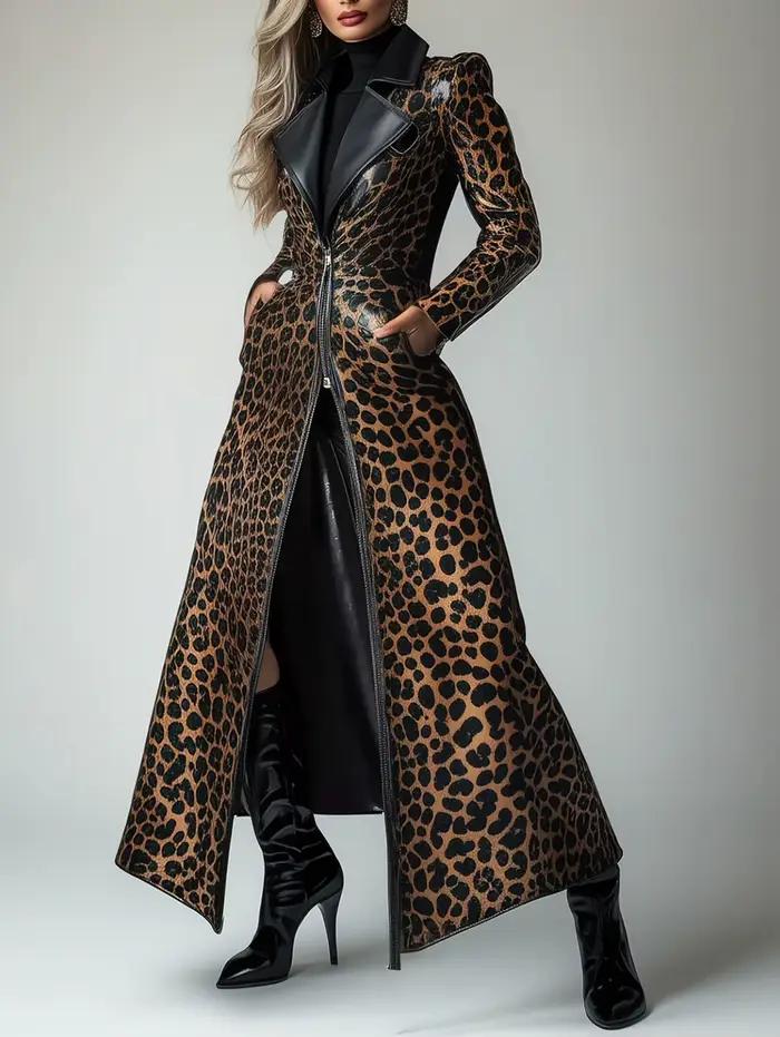 Trench-coat féminin en polyester avec motif léopard pour femmes, décontracté et élégant pour toutes les occasions