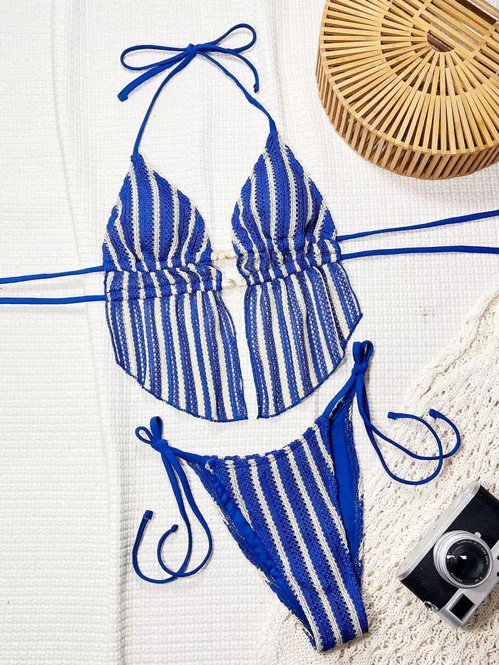 Maillot de bain deux pièces vintage triangle 2026 pour femme, bleu rayé, ajouré, avec pierres, push-up, haut court, tenue de plage