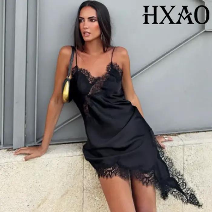 HXAO Dámske šaty bez rukávov z čiernej čipky asymetrické elegantné večerné