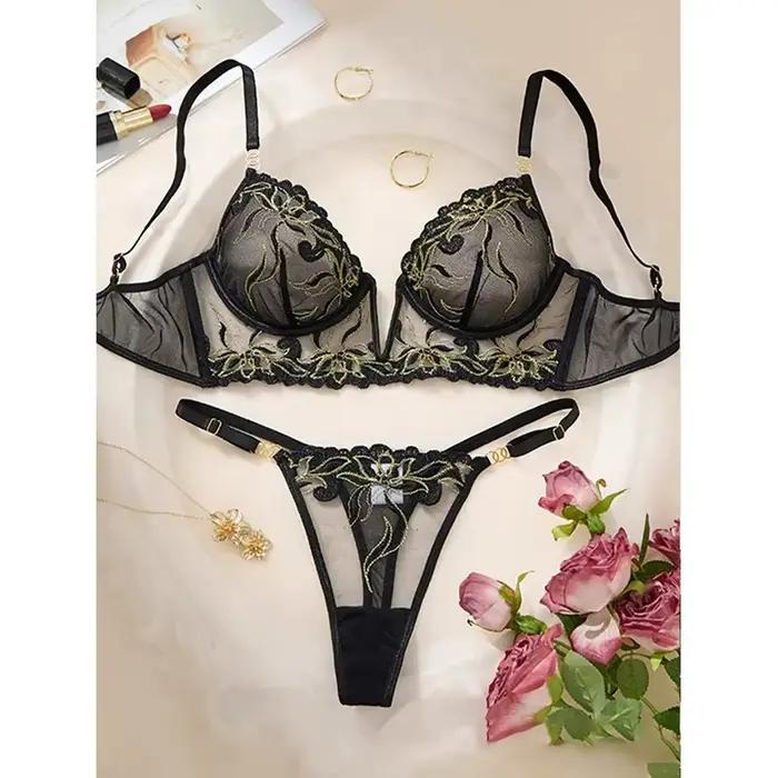 Ensemble de lingerie noire en maille pour femmes, broderie délicate, soutien-gorge et culotte fins, lingerie sexy transparente pour lune de miel